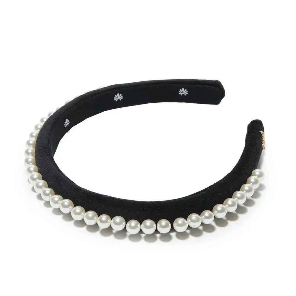 Lele Sadoughi Pearls Jet Black Velvet Slim Headband NEW